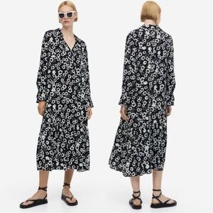 H&M Black & White Poppy Floral Calf-Length Dress Size XL